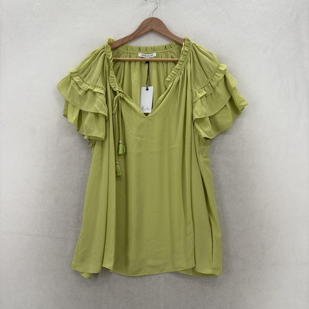 Rose + Olive Blouse Womens 3X Plus Green V Neck Ruffle Flutter Sleeve Tunic Top